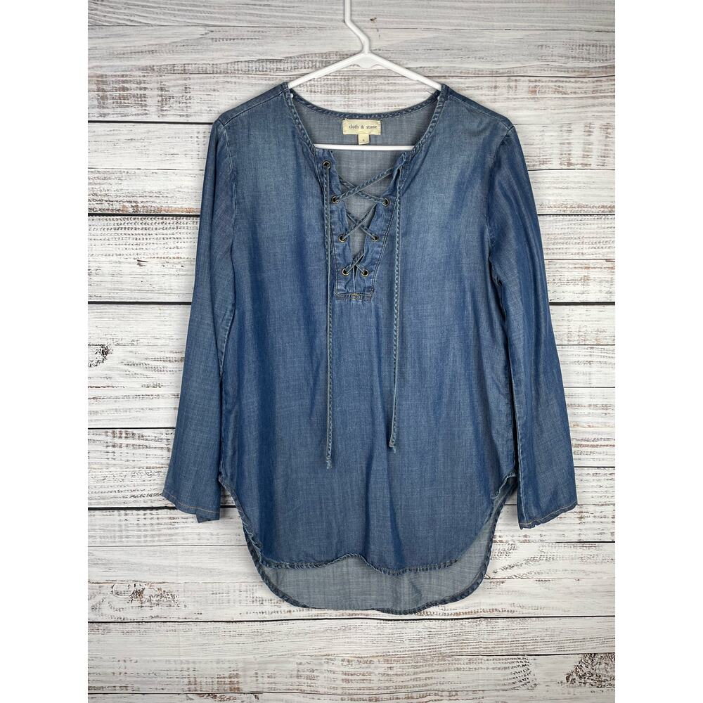 Cloth & Stone Anthropologie Chambray Blue Peasant Tie Top Small Western Coastal